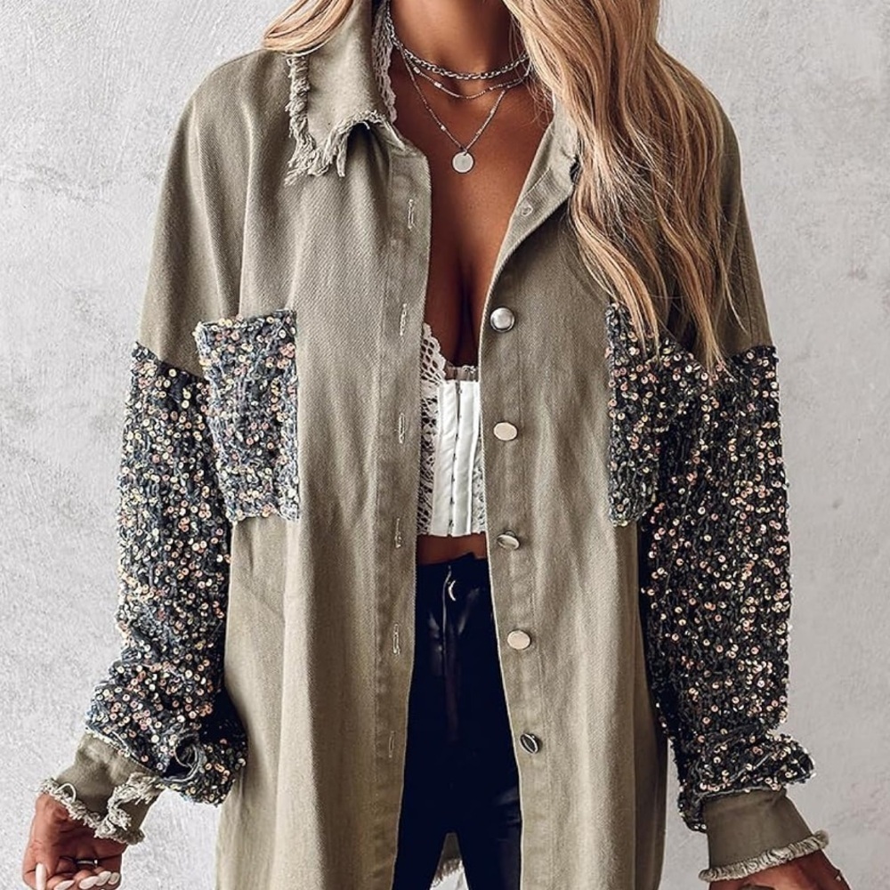 Womens Sequin Patchwork Long Sleeve Oversized Denim Shacket